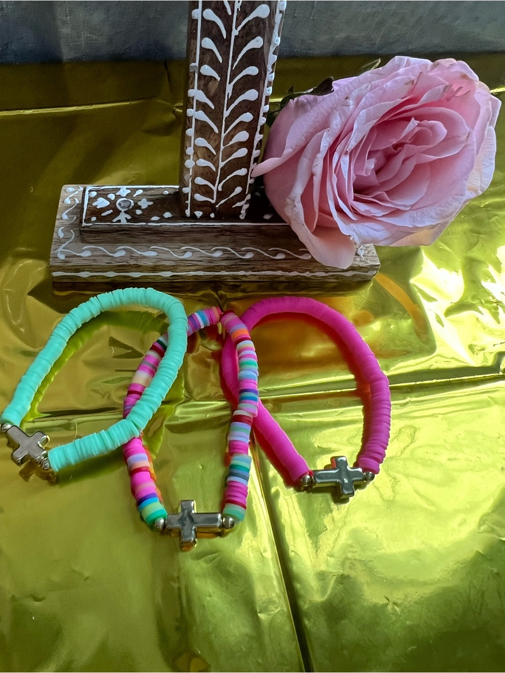 Women Stretch Bracelet Set with Cross Charm - Pink, Mint & Multicolor
